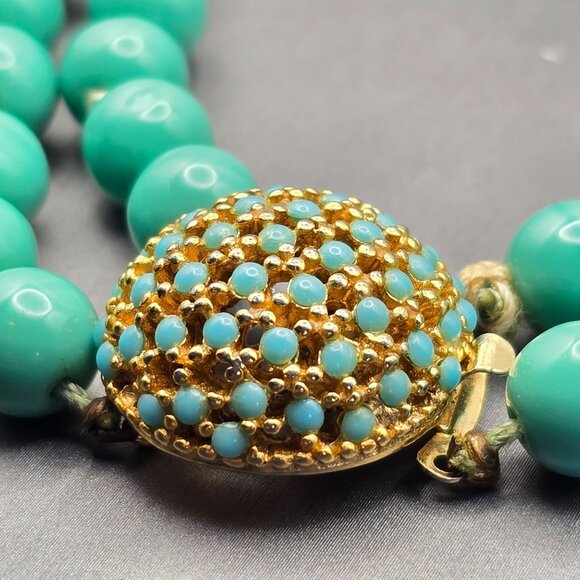 VTG Double Strand Turquoise Colored Bead Choker Necklace 15" Gold-Tone Box Clasp - Picture 7 of 15